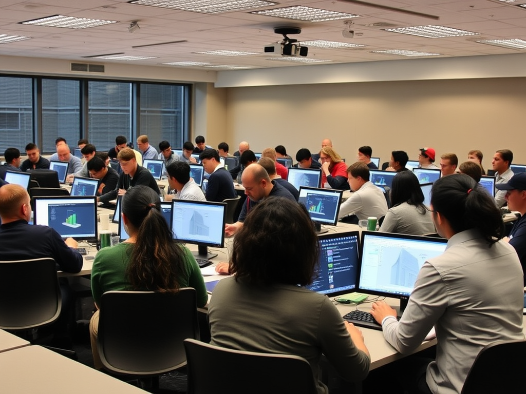 A classroom full of students using BIM software on computers.