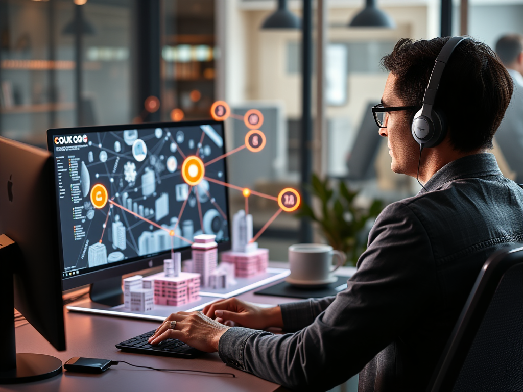A focused professional at a computer with 3D building models, digital collaboration icons, network connections, and abstract clash detection visuals, vibrant teamwork colors.