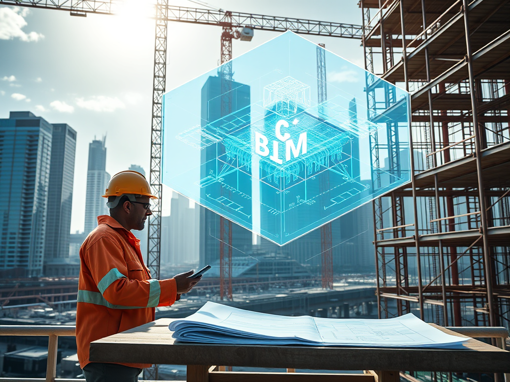 "A modern construction site" "3D BIM software holograms floating" "engineers collaborating" "blueprints and digital tablets" "sunlight filtering through scaffolding" "urban skyline background" "balanced composition"