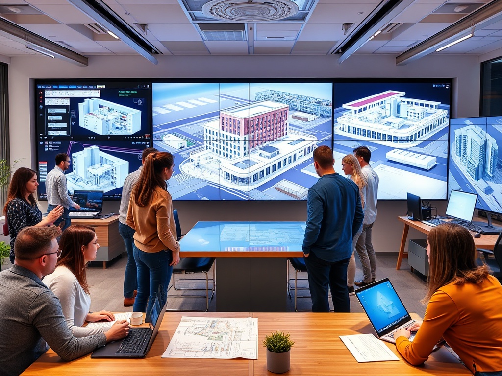 "A vibrant, modern workspace with diverse professionals collaborating around a digital BIM model on large screens, blueprints, and holographic interfaces."