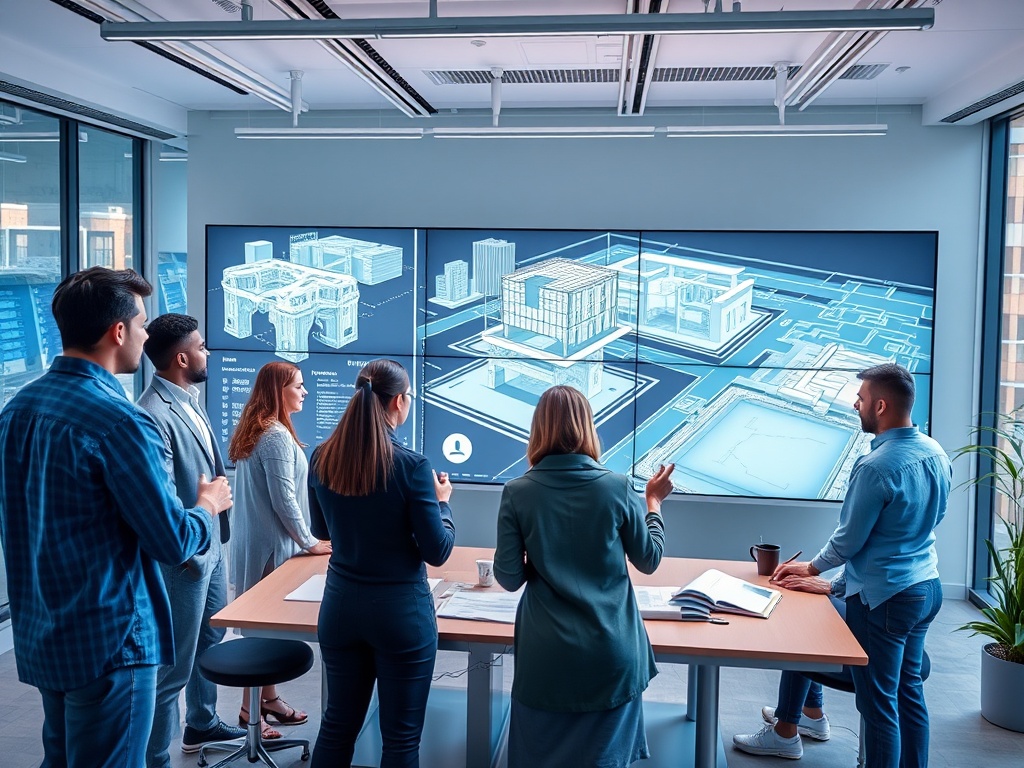 "A vibrant, modern workspace with diverse professionals collaborating around a digital BIM model on large screens, blueprints, and holographic interfaces."