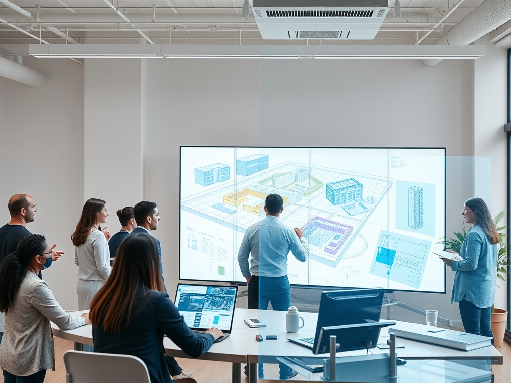 "A vibrant, modern workspace with diverse professionals collaborating around a digital BIM model on large screens, blueprints, and holographic interfaces."