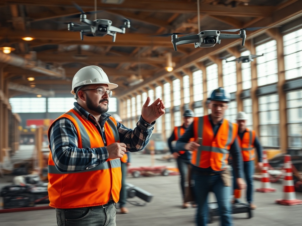 "A dynamic construction site scene in motion blur, foreman guiding workers, drones overhead, rugged tools, warm lighting, gritty realism, no logos."