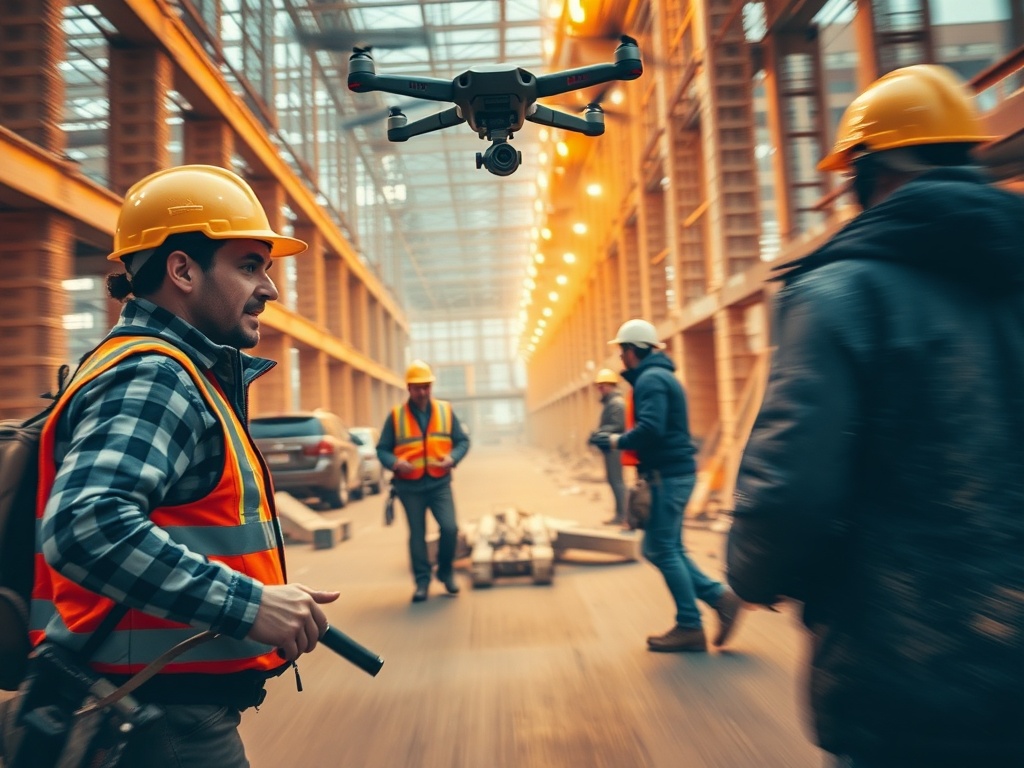 "A dynamic construction site scene in motion blur, foreman guiding workers, drones overhead, rugged tools, warm lighting, gritty realism, no logos."
