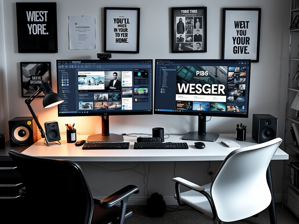 Moderne werkruimte met dubbele monitoren en designaccessoires.