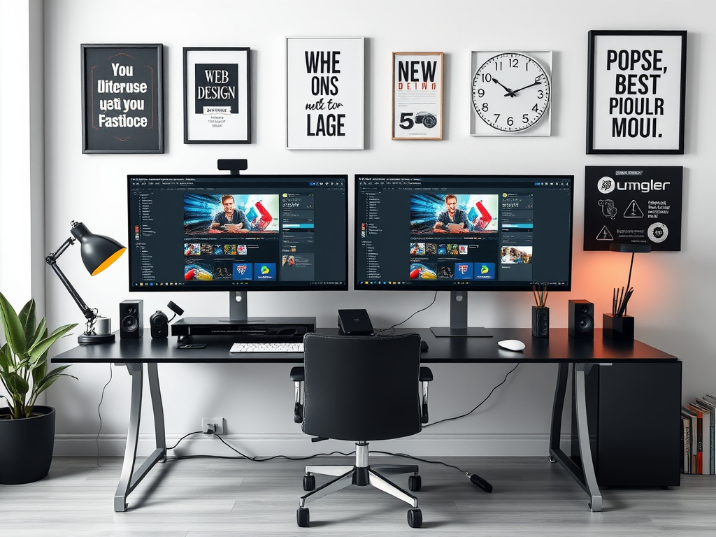 Modern kantoor met dubbele monitoren en motiverende decoratie.