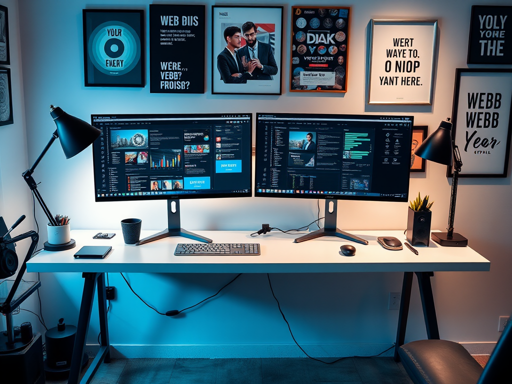 Moderne werkplek met dubbele monitors en designtools.