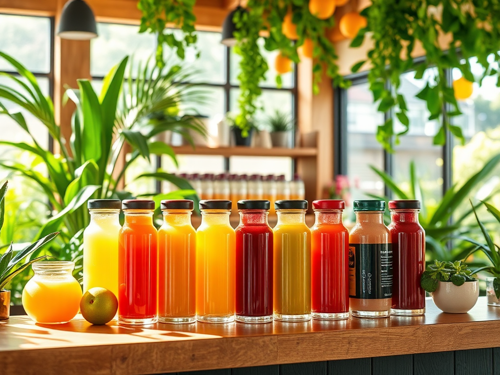 Een levendige juicebar met kleurrijke sapflessen en planten.
