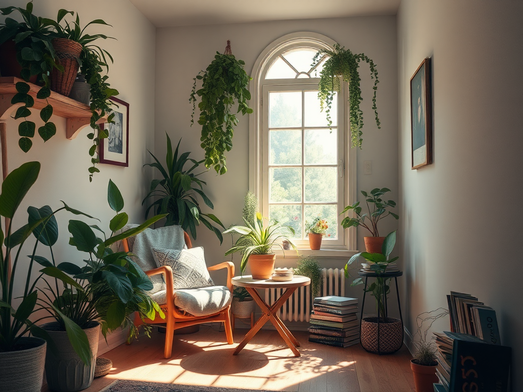 Een serene leeshoek met planten en zonlicht.