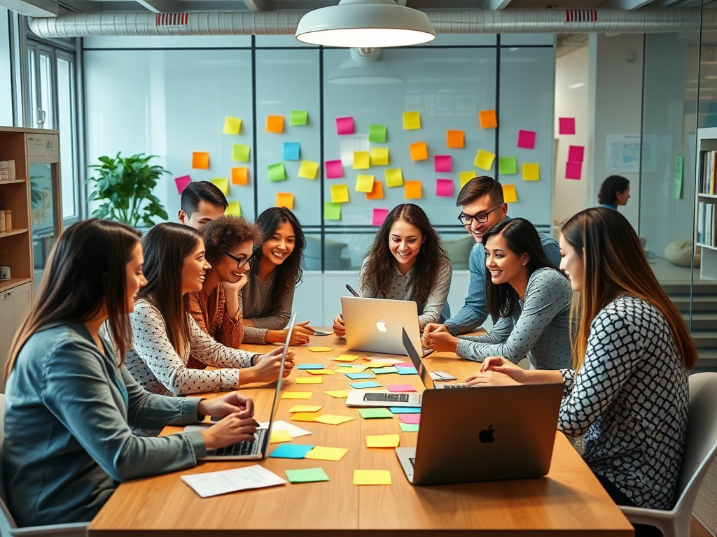 Een diverse groep medewerkers brainstormt in een kleurrijk kantoor.