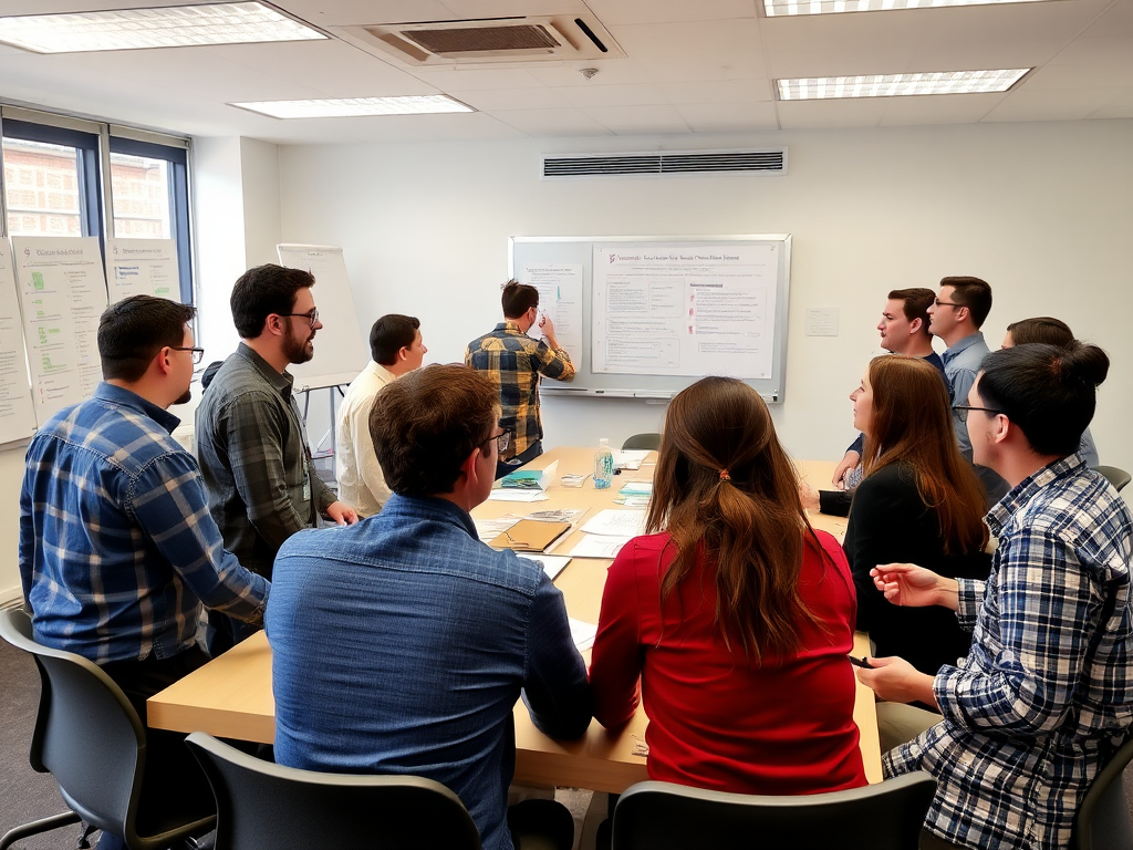 Een diverse groep professionals in een workshop over Lean Management.