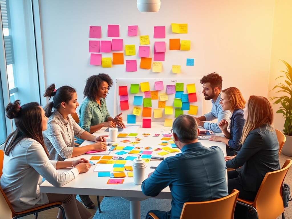 Een divers team brainstormt rond een grote tafel met post-its.