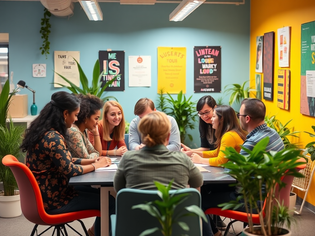 Een diverse groep collega's brainstormt in een levendige kantooromgeving.