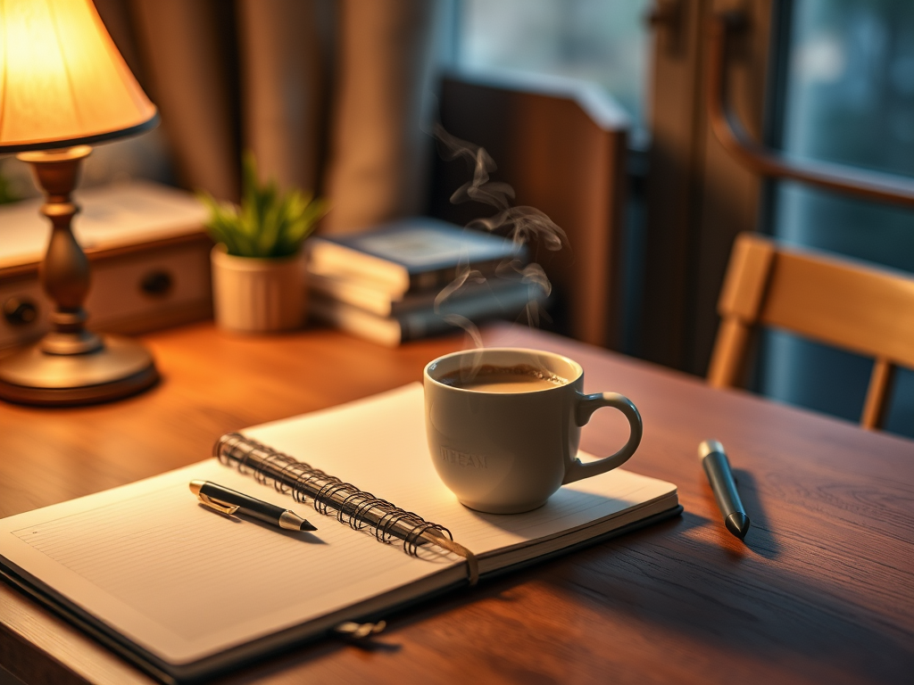 Een gezellige bureau met een koffie, notitieboek en lamp.