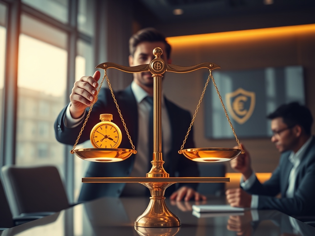 "confident salesperson" "presenting glowing golden scale balancing time, money, stress" "client silhouette nodding" "modern boardroom, warm cinematic lighting" "graphical icons