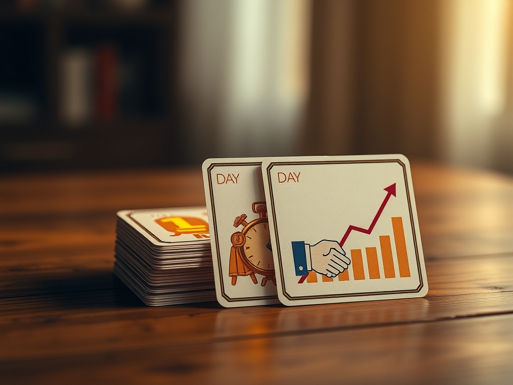 "three stacked cards on a wooden table" "day 1 card glowing gold, symbolizing value" "day 2 card with coins and stopwatch" "day 3 card showing handshake and rising graph" "warm cinematic lighting, shallow depth of field"