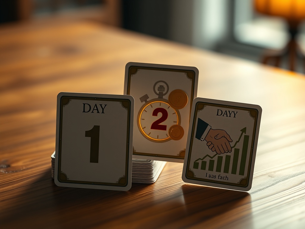 "three stacked cards on a wooden table" "day 1 card glowing gold, symbolizing value" "day 2 card with coins and stopwatch" "day 3 card showing handshake and rising graph" "warm cinematic lighting, shallow depth of field"