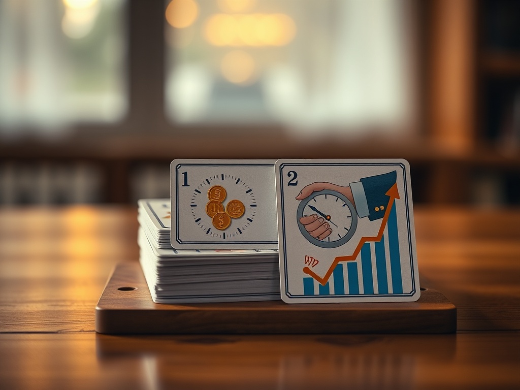 "three stacked cards on a wooden table" "day 1 card glowing gold, symbolizing value" "day 2 card with coins and stopwatch" "day 3 card showing handshake and rising graph" "warm cinematic lighting, shallow depth of field"