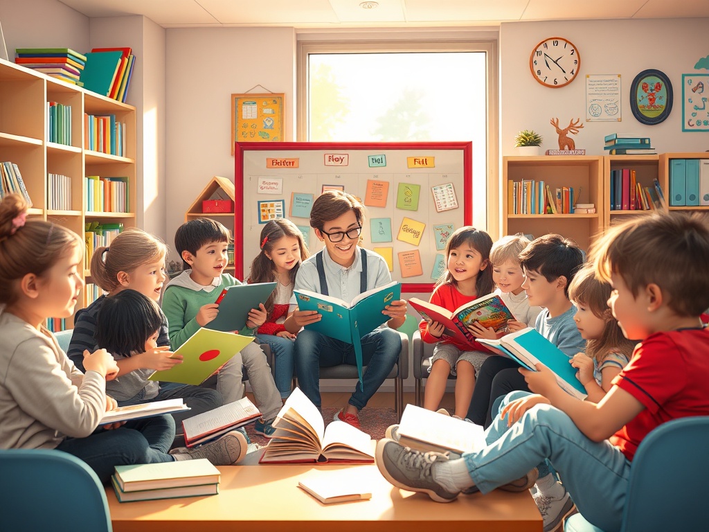 A bright classroom reading corner with diverse excited students collaborating on a storyboard, colorful artifacts, warm light, teacher guiding enthusiasm, subtle motion.