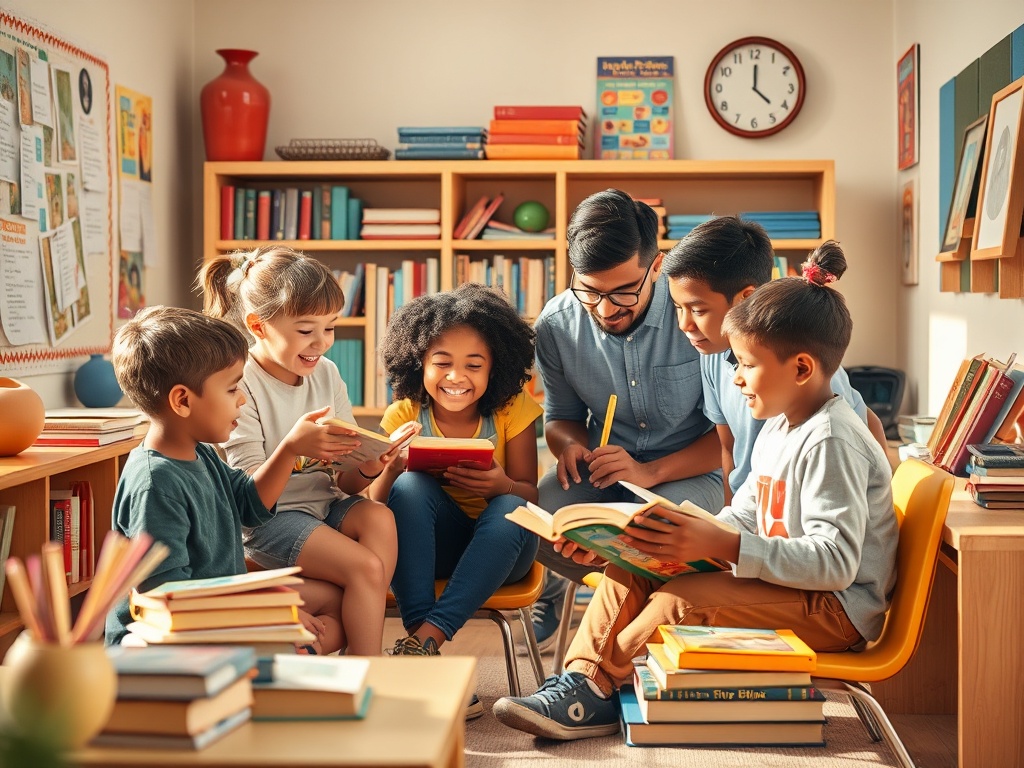 A bright classroom reading corner with diverse excited students collaborating on a storyboard, colorful artifacts, warm light, teacher guiding enthusiasm, subtle motion.