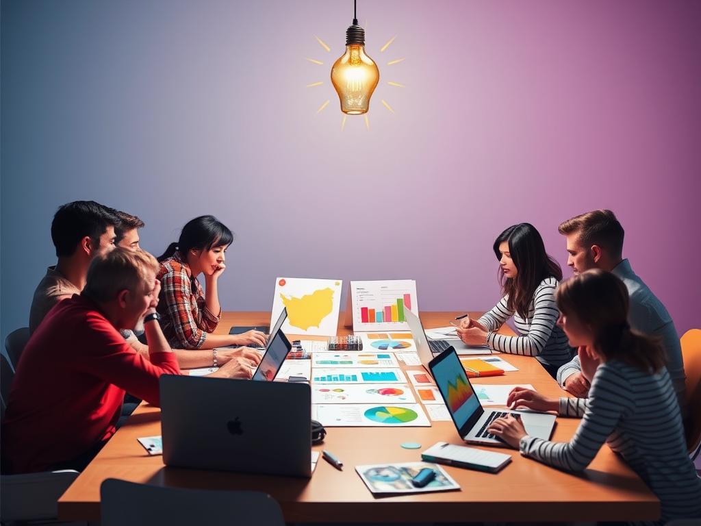 Een levendig marketingteam brainstormt rond een tafel met laptops en grafieken.