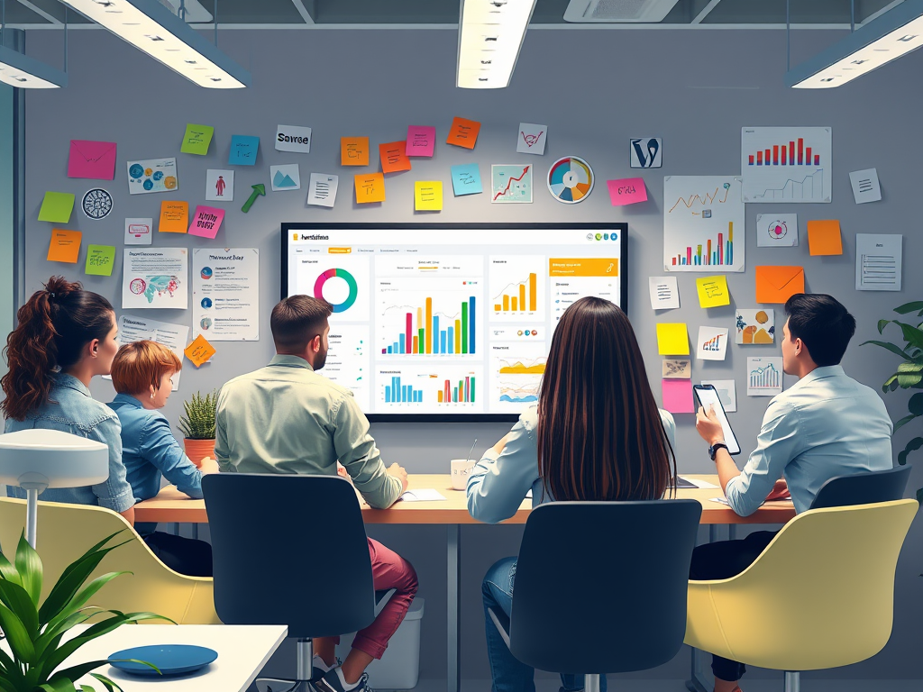 Een levendige kantooromgeving met een divers team rond een digitaal dashboard.