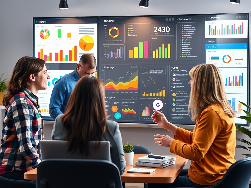 Een marketingteam overlegt rond een digitaal dashboard.