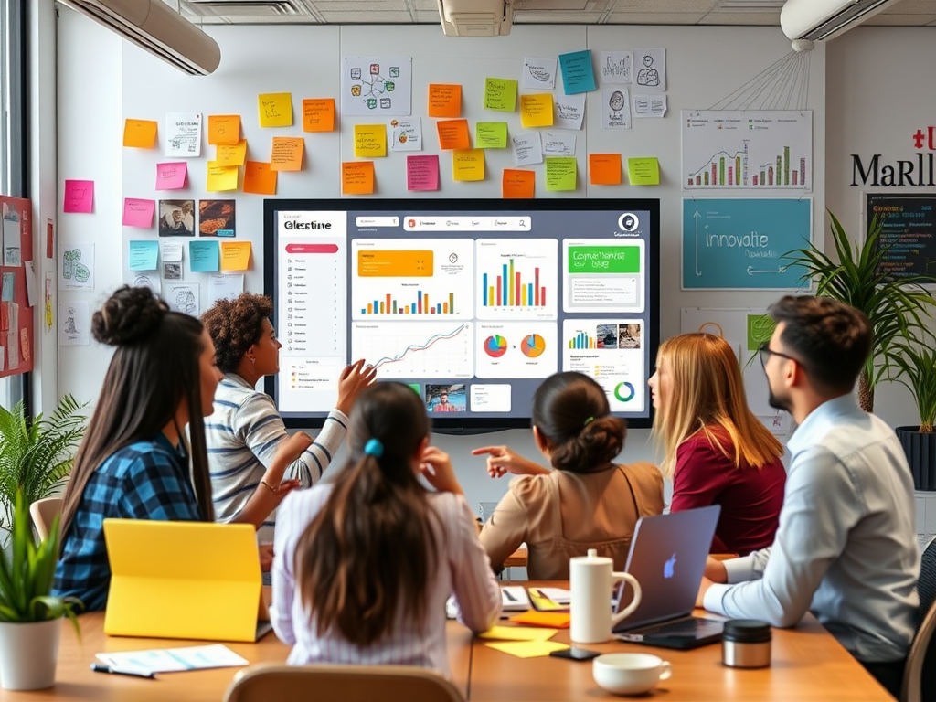 Een levendige kantooromgeving met een diverse teamleden rond een digitaal dashboard.