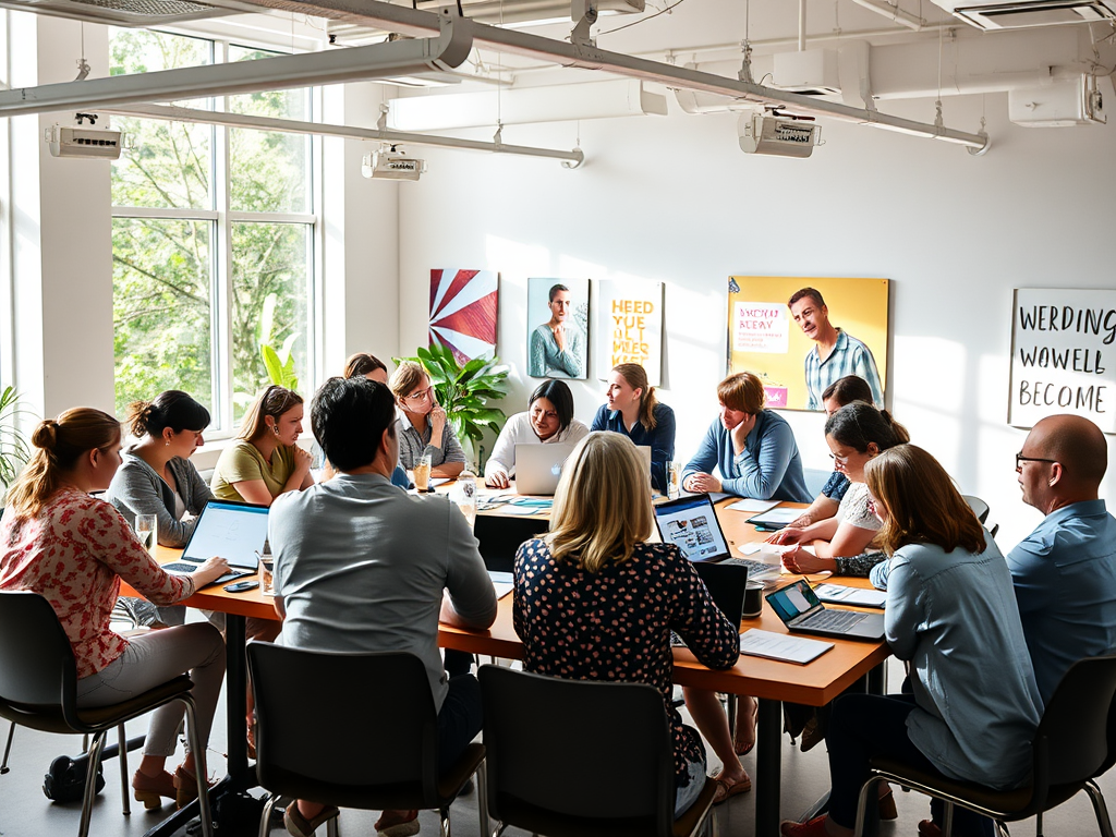 "A vibrant workshop scene" with "diverse people engaged in lively discussion" around "tables with laptops and notes," "bright, modern room filled with natural light," and "inspirational visuals on walls."