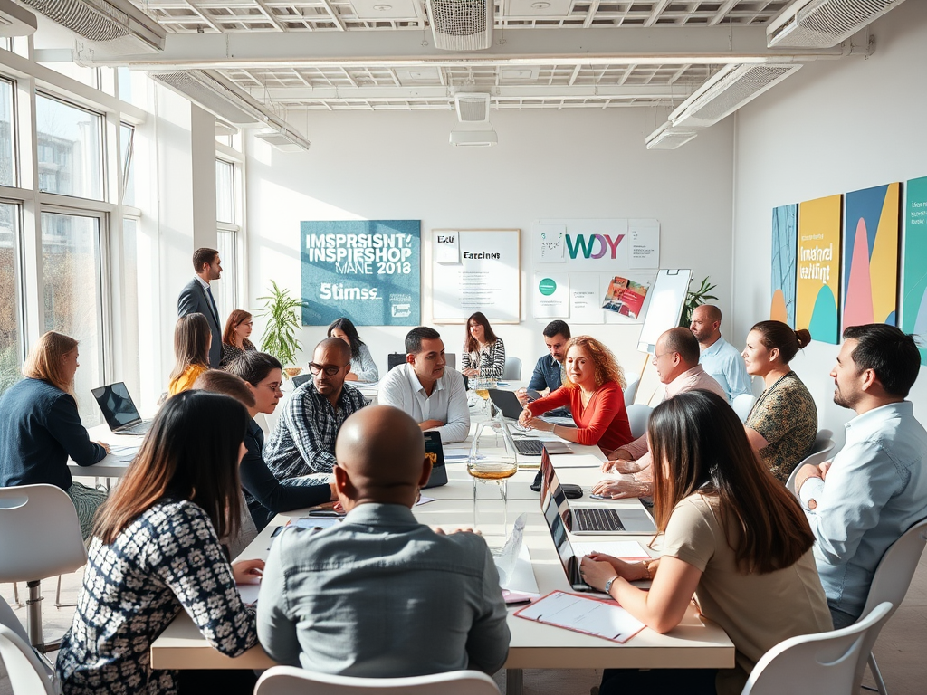 "A vibrant workshop scene" with "diverse people engaged in lively discussion" around "tables with laptops and notes," "bright, modern room filled with natural light," and "inspirational visuals on walls."