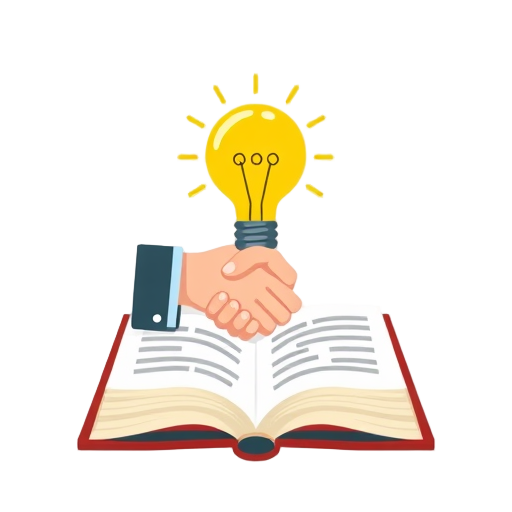 "open book" "light bulb" "handshake"