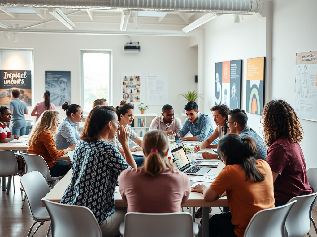 "A vibrant workshop scene" with "diverse people engaged in lively discussion" around "tables with laptops and notes," "bright, modern room filled with natural light," and "inspirational visuals on walls."