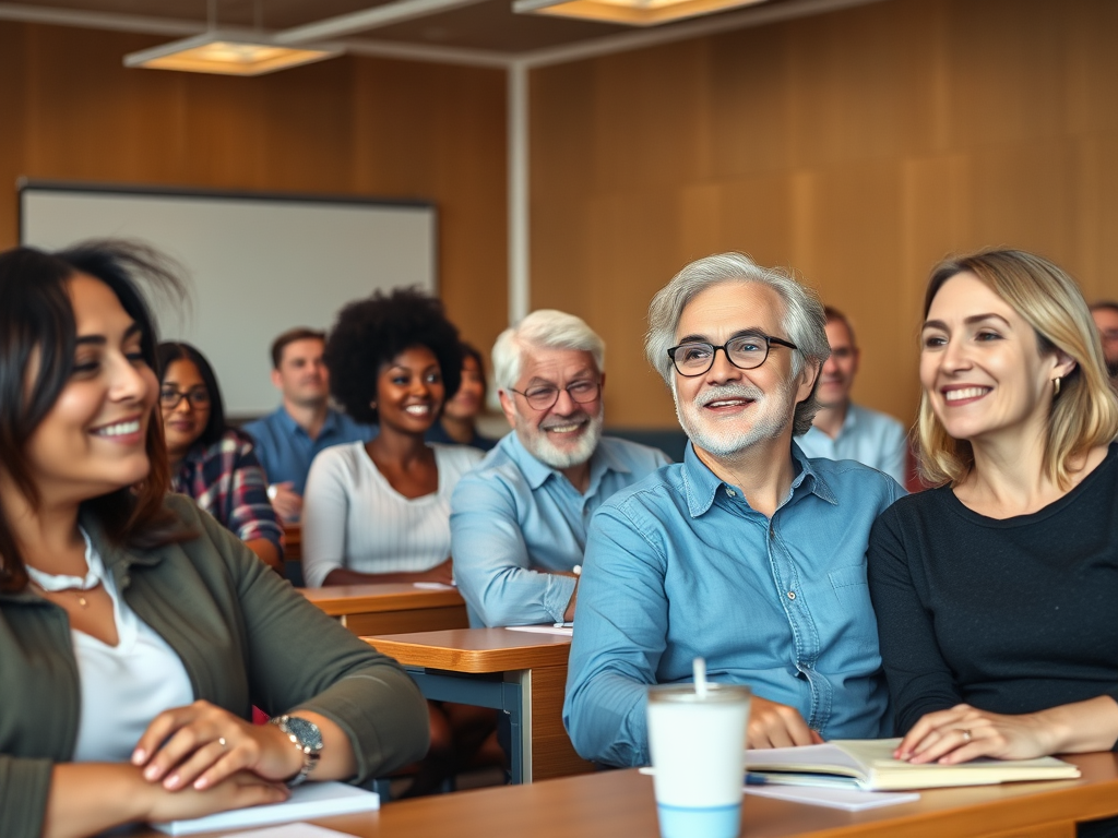 A warm, inviting classroom setting with diverse adults attentively engaging in a fundraising masterclass, bright expressions, interactive group activities, cozy lighting.