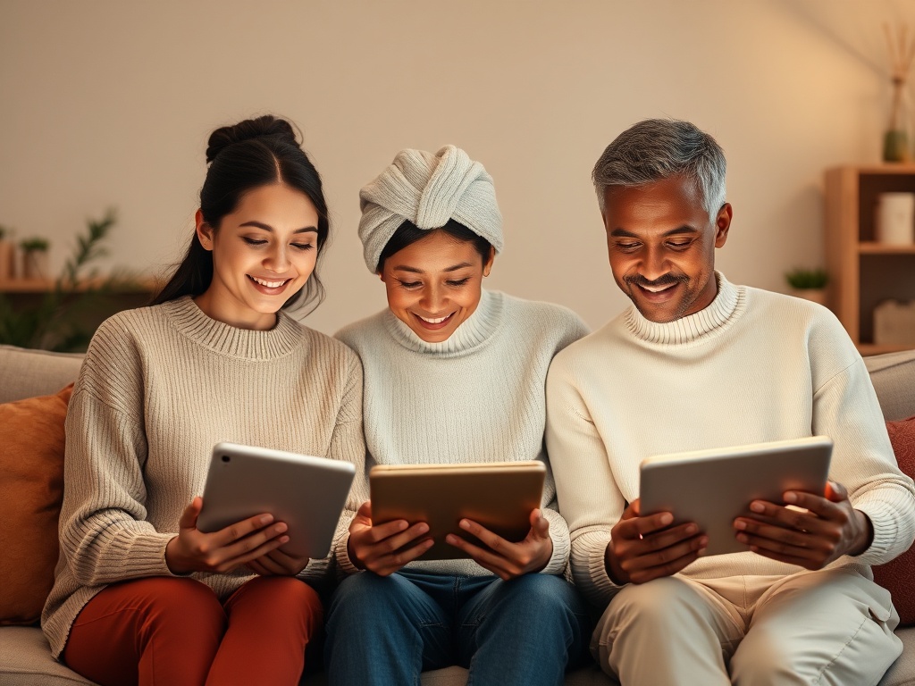 A warm living room scene, three diverse parents with attentive expressions, soft glowing tablet screens, calm atmosphere, gentle gestures, reassuring mood.