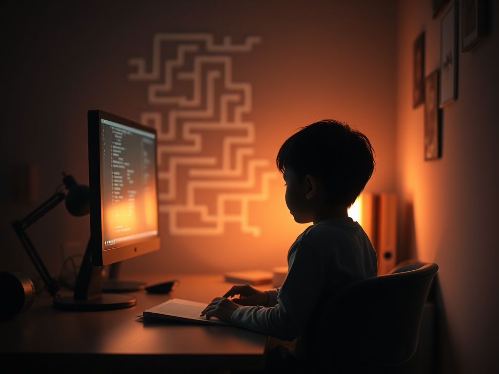 A softly lit study corner with a calm child silhouette, glowing screen reflections, a balanced scale of light and rest, subtle maze-like patterns, serene mood.
