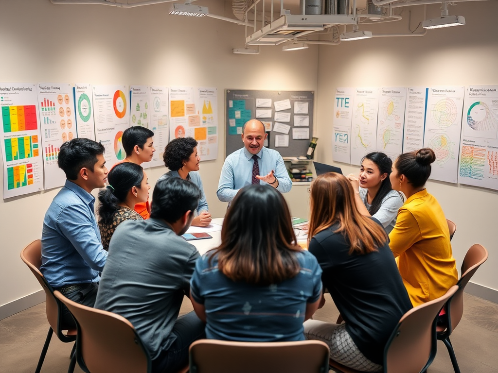 Een levendige workshop met diverse professionals aan tafel.