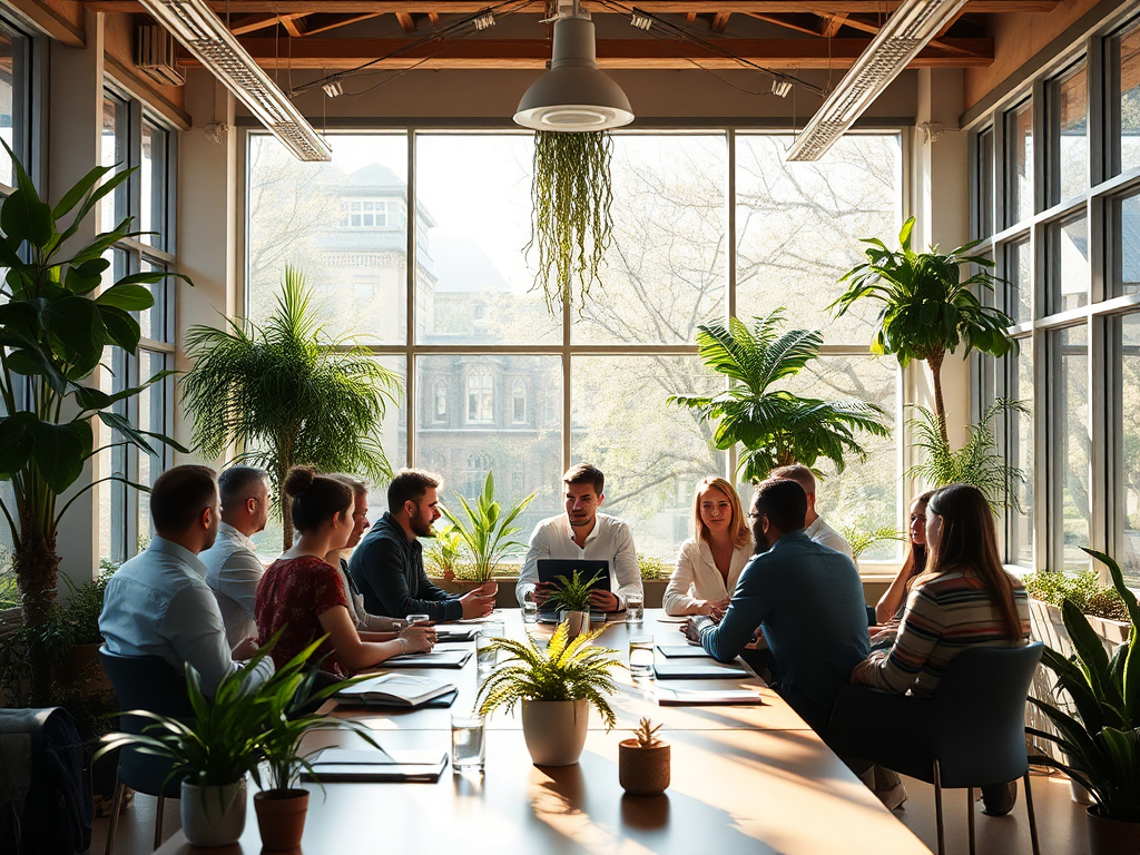 Een serene vergaderzaal met diverse professionals en planten.