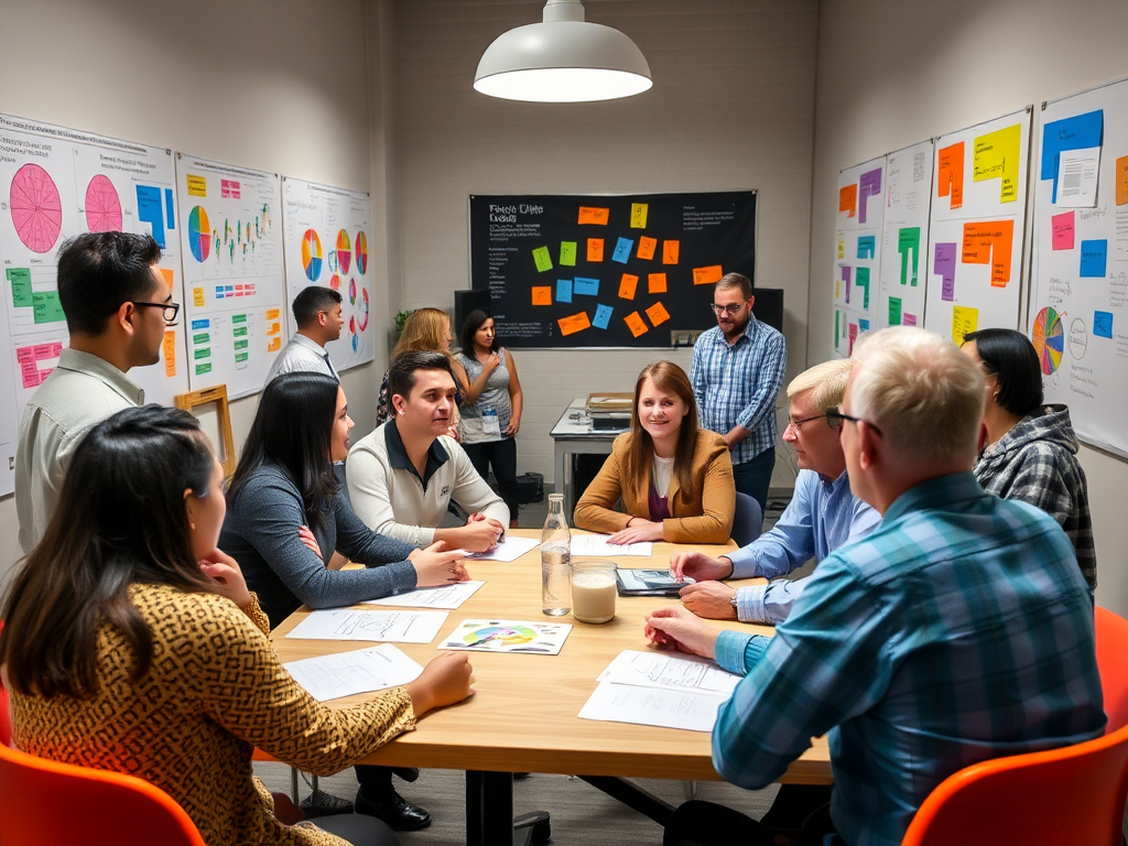 Een levendige workshop met diverse professionals aan tafel.