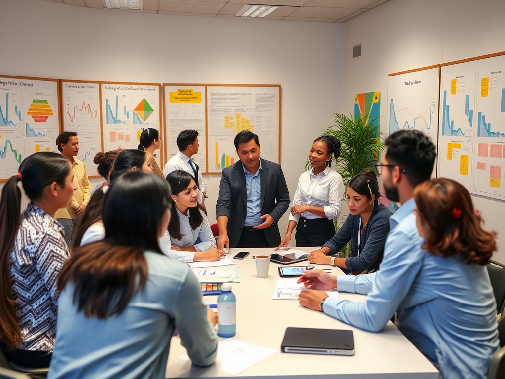 Een levendige workshop met diverse professionals aan tafel.