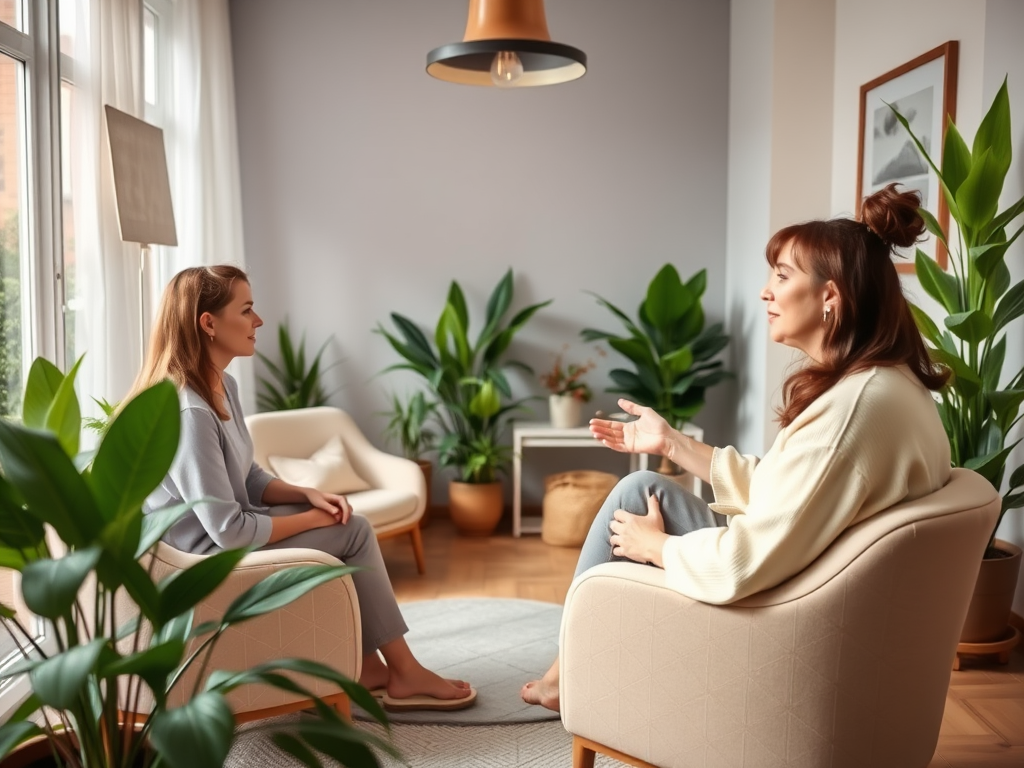 Een serene wellnessruimte met planten en een gesprek.