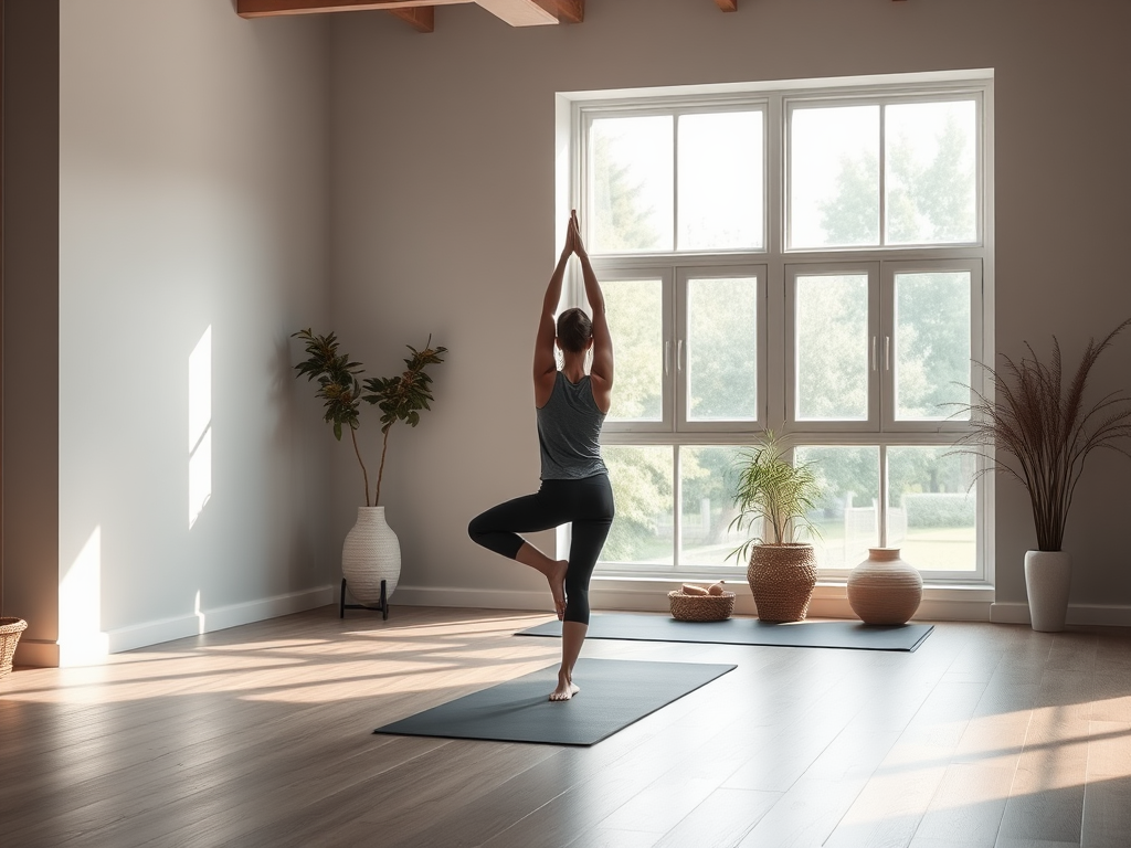 Persoon in yogahouding in een rustige, lichte kamer met planten.