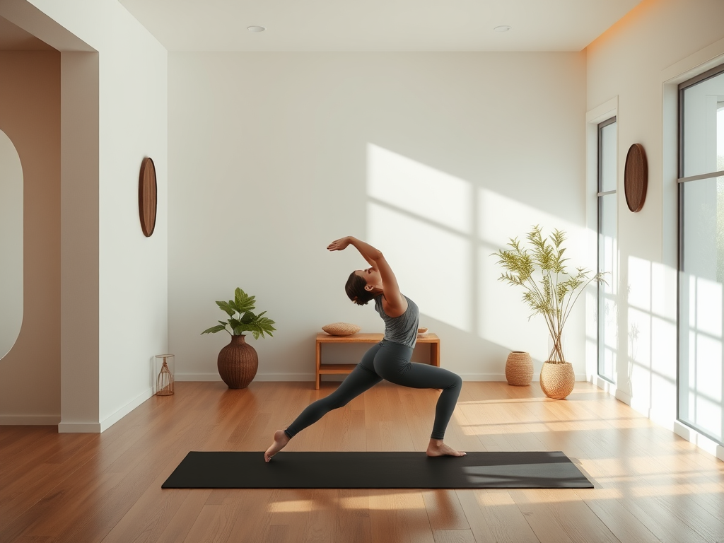 Vrouw in yogahouding in een lichte, rustige kamer met planten.