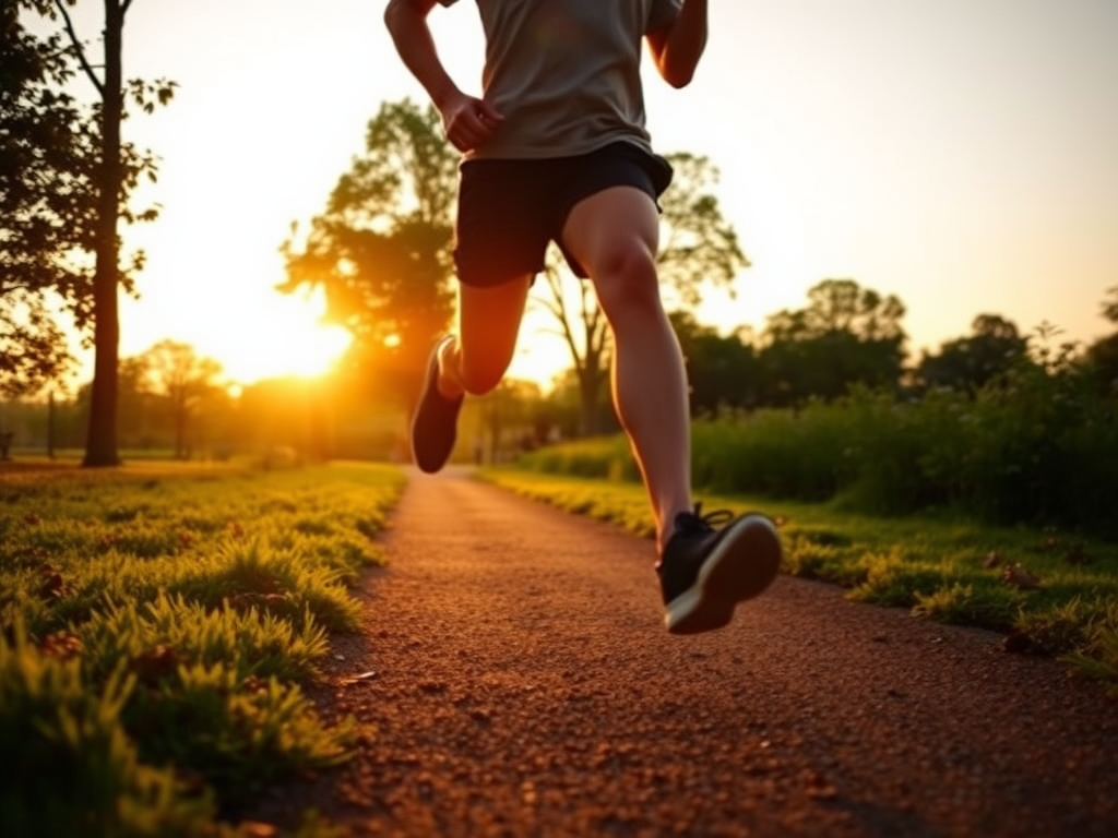 "A determined person jogging at sunrise" "lush green park path" "soft golden light" "motivational atmosphere" "healthy lifestyle vibe"