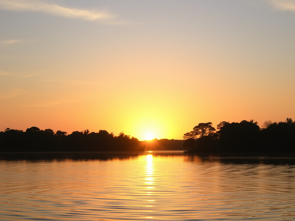 A serene sunrise over a calm lake, "soft pastel sky," "silhouettes of peaceful trees," "gentle ripples on water," "symbolizing growth and self-love," warm glowing light.