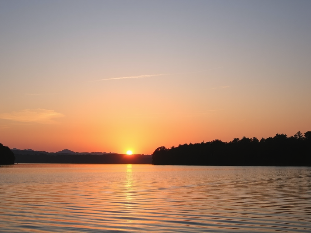 A serene sunrise over a calm lake, "soft pastel sky," "silhouettes of peaceful trees," "gentle ripples on water," "symbolizing growth and self-love," warm glowing light.
