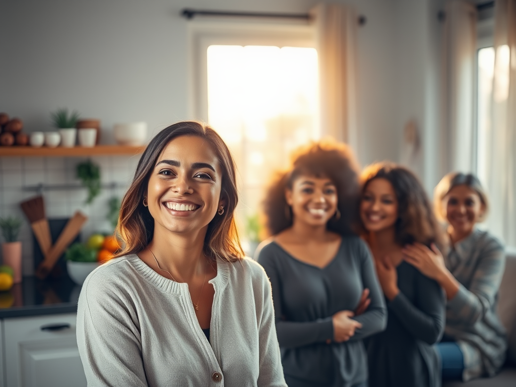 "a serene woman smiling peacefully" "calm kitchen with fresh fruits and vegetables" "soft morning light through window" "supportive group of diverse women sharing warmth" "subtle elements symbolizing mental strength and balance"