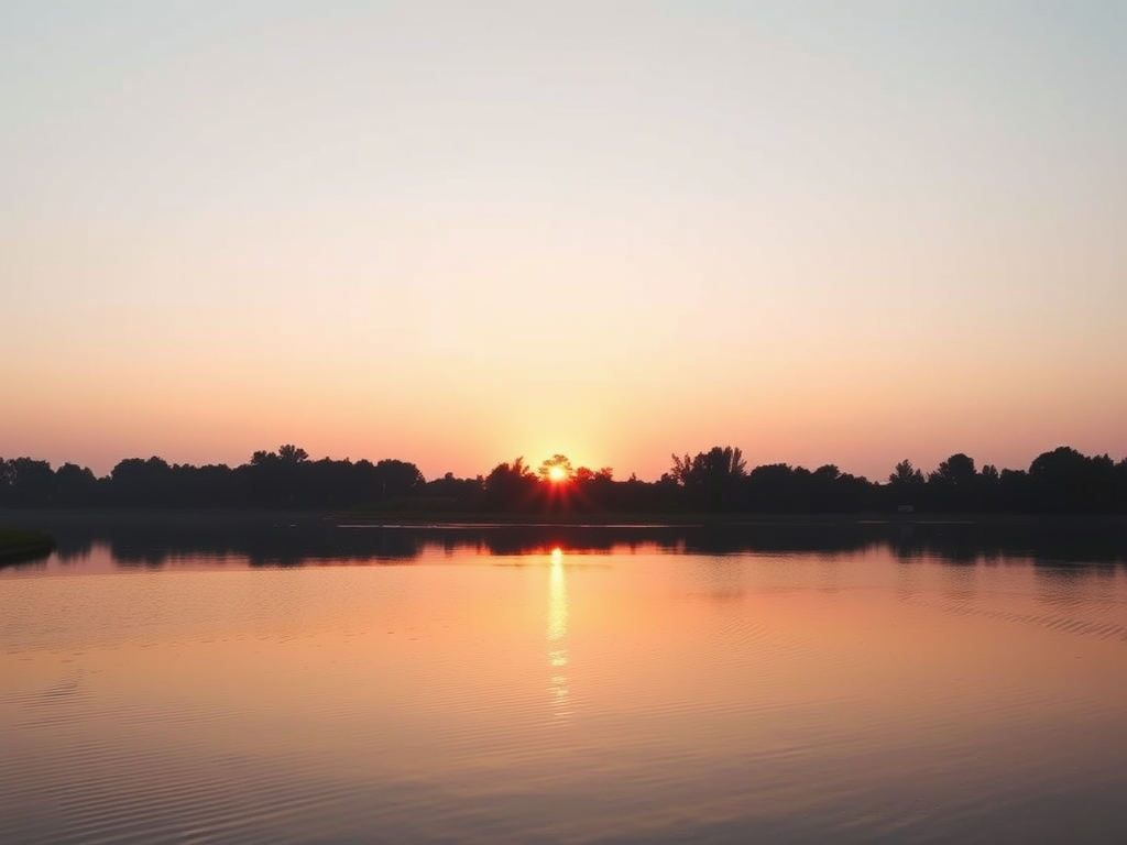A serene sunrise over a calm lake, "soft pastel sky," "silhouettes of peaceful trees," "gentle ripples on water," "symbolizing growth and self-love," warm glowing light.