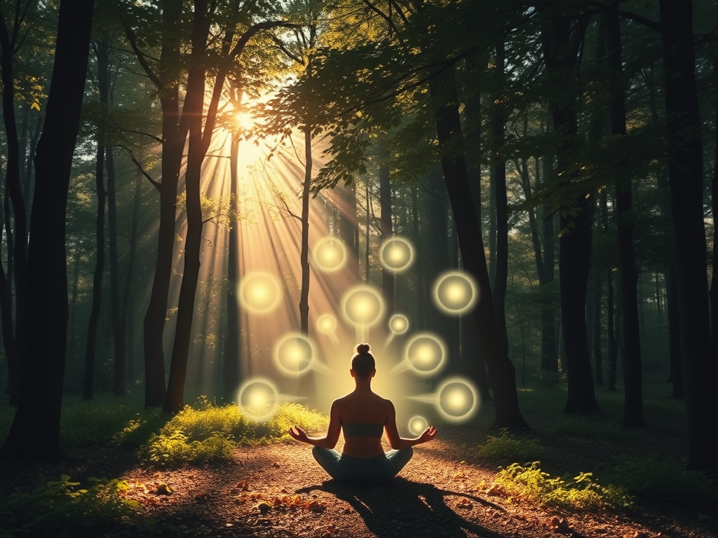 Een persoon mediteert in een serene bos met lichtstralen.