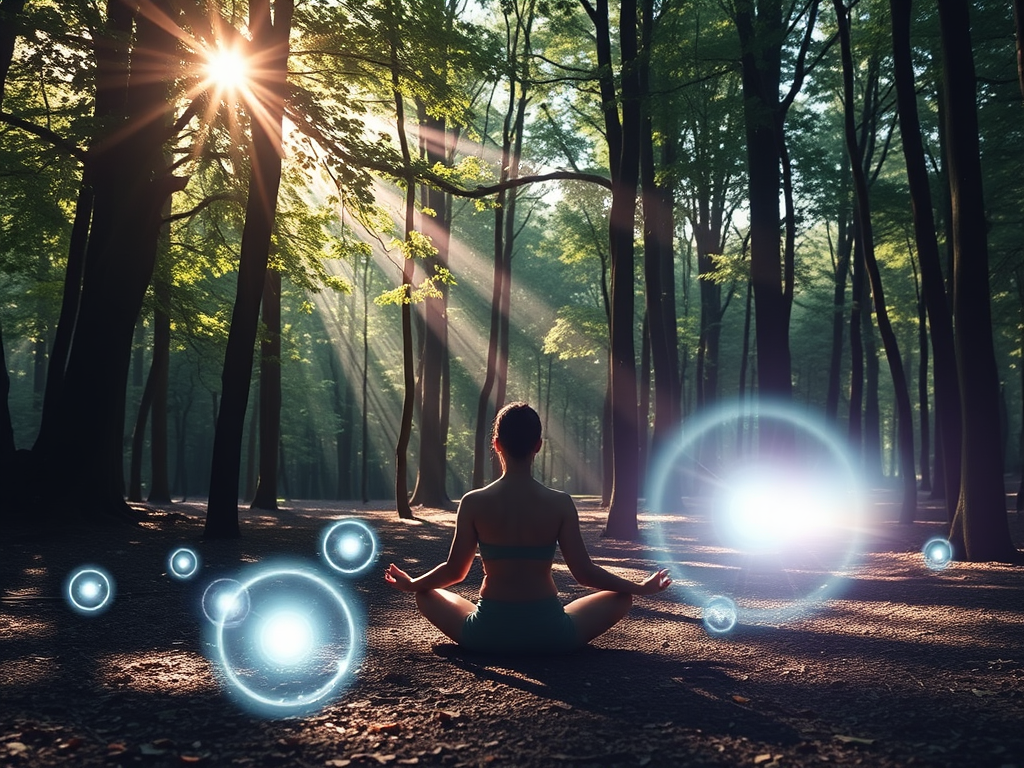 Een persoon mediteert in een serene bos, omringd door energiebolletjes.
