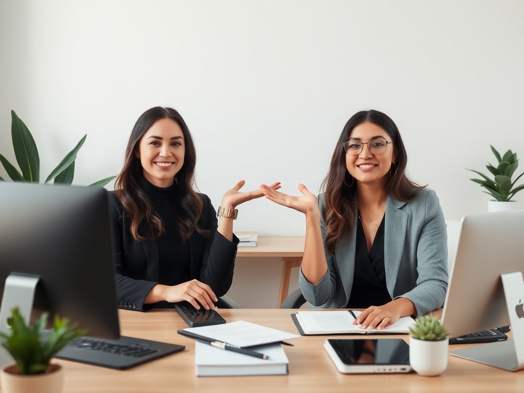 "A serene, stylish workspace scene showing two empowered women
